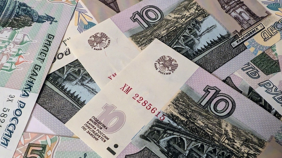 Russian Roubles - 5 and 10 Rouble banknotes, view from above.